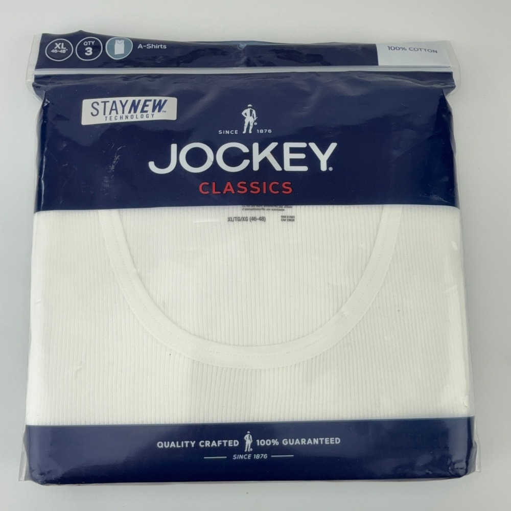 Jockey Classics Mens XL 3 Pack A-Shirts White 100% Cotton Ribbed Tank Tops